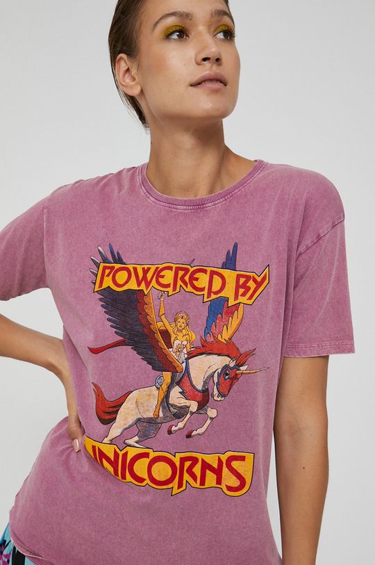 fiołkowo różowy T-shirt damski z nadrukiem Powered by Unicorns różowy Damski