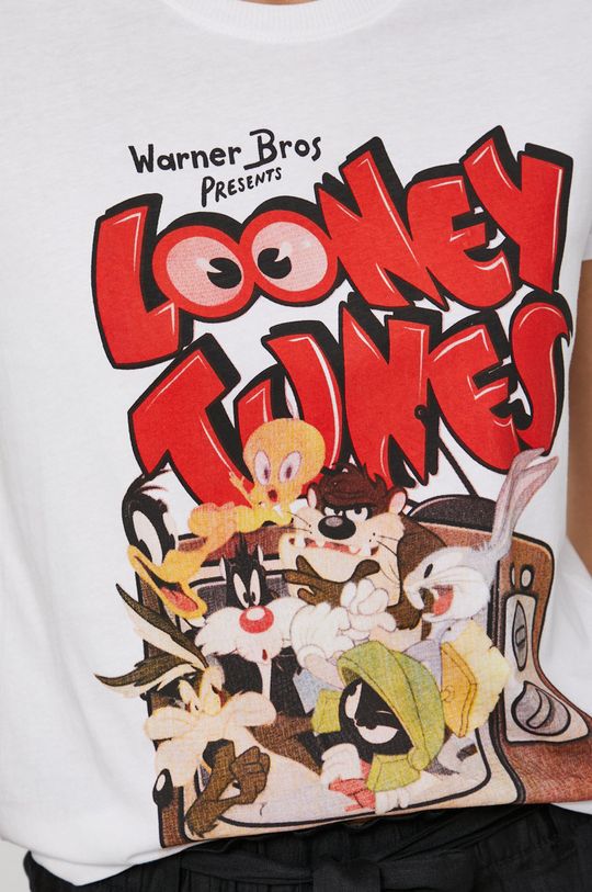 T-shirt bawełniany damski z nadrukiem Looney Tunes biały