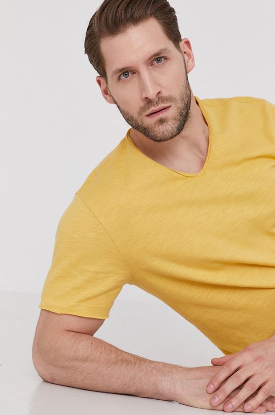 żółty Bawełniany t-shirt męski z dekoltem w serek żółty Męski