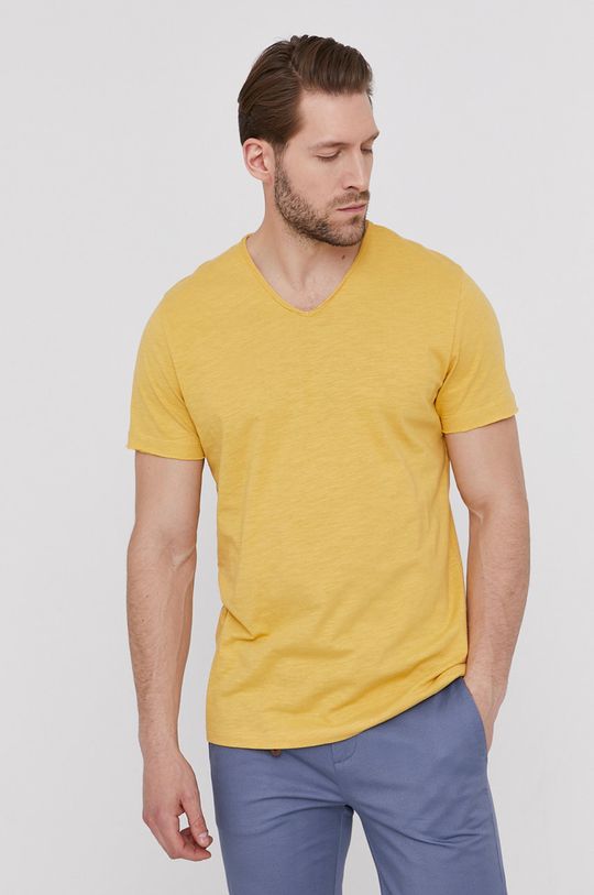 żółty Bawełniany t-shirt męski z dekoltem w serek żółty