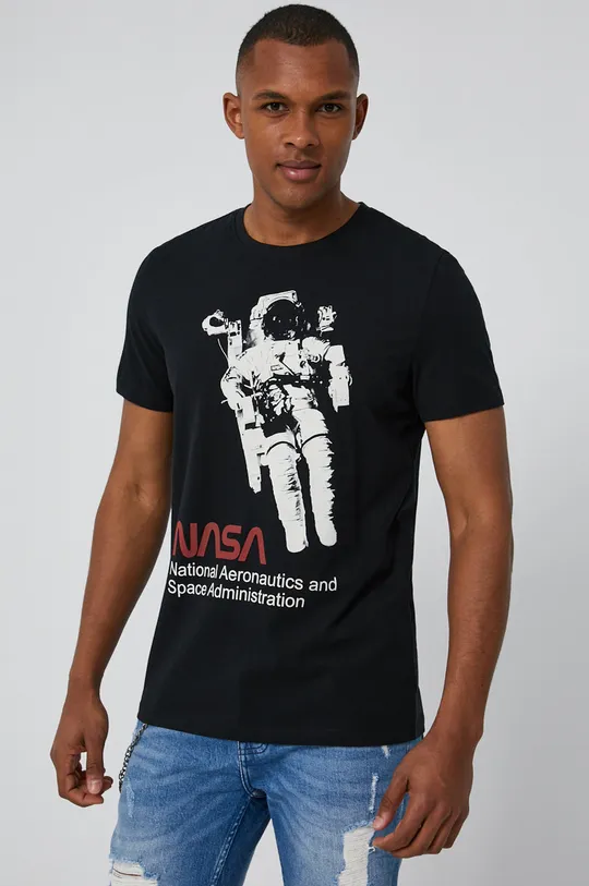 czarny T-shirt męski z bawełny organicznej z nadrukiem NASA czarny Męski