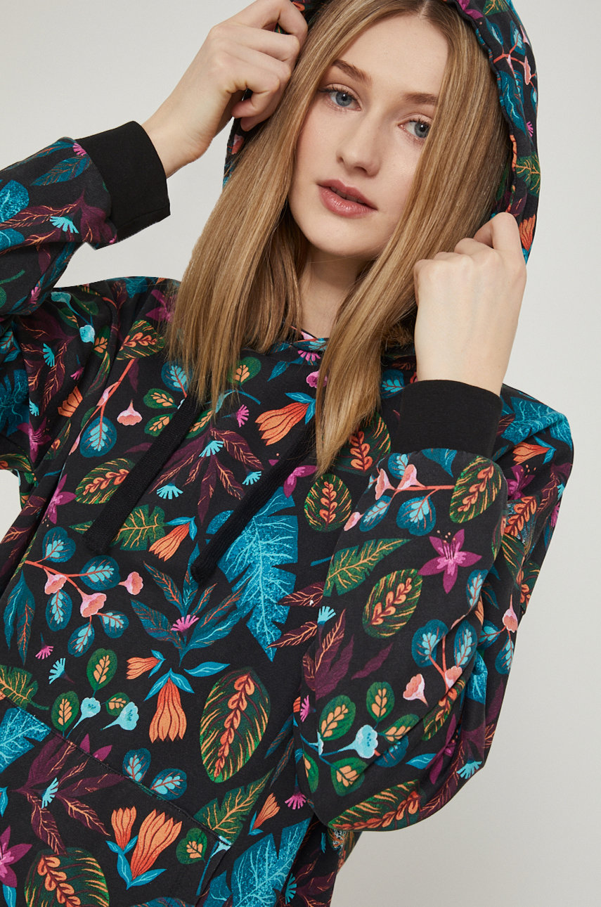 Medicine bluza bawełniana, damska kolor czarny z kapturem wzorzysta