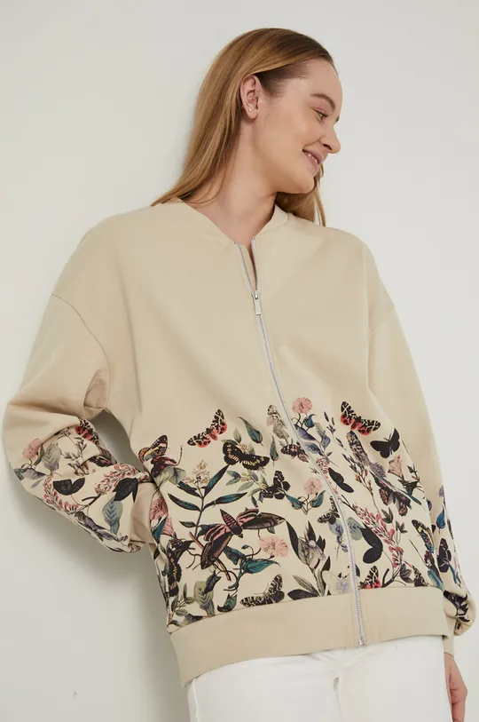 Bluza bawełniana damska z nadrukiem beżowa beżowy