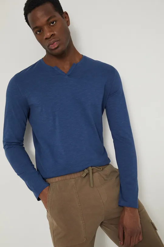 modrá Bavlnené tričko s dlhým rukávom Basic Pánsky