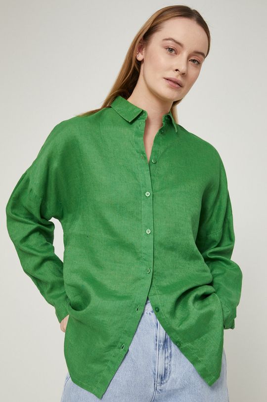 Koszula lniana damska z kołnierzykiem klasycznym zielona zielony