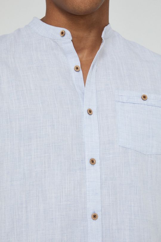 Koszula lniana męska regular ze stójką niebieska blady niebieski