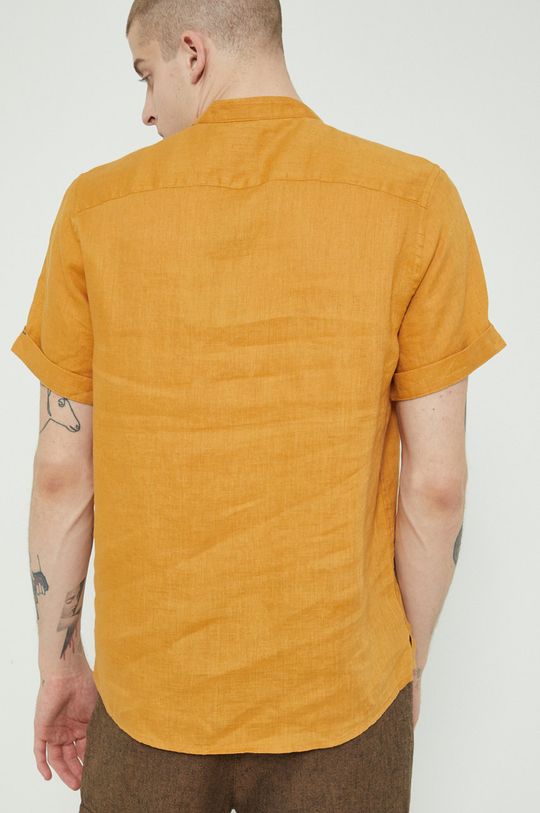 bursztynowy Koszula lniana męska ze stójką żółta