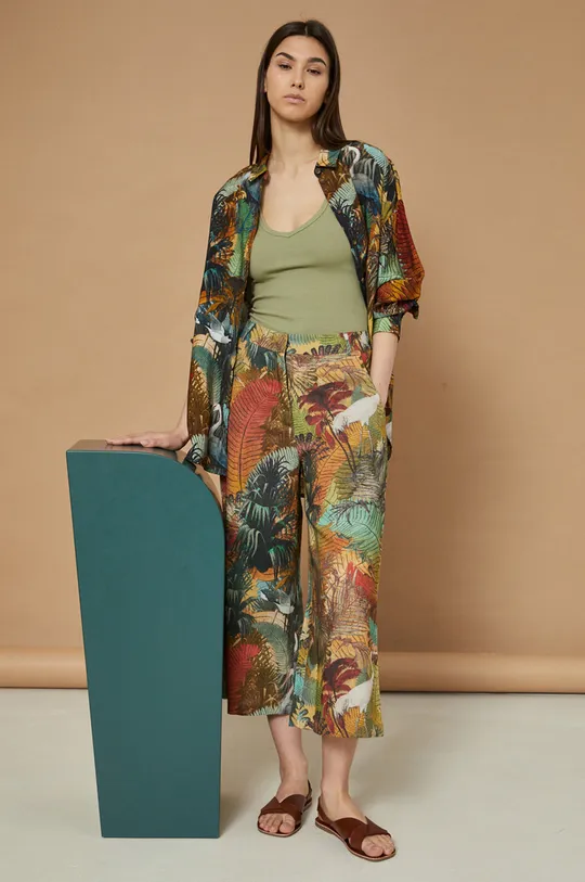 multicolor Spodnie z domieszką lnu damskie high waist multicolor Damski