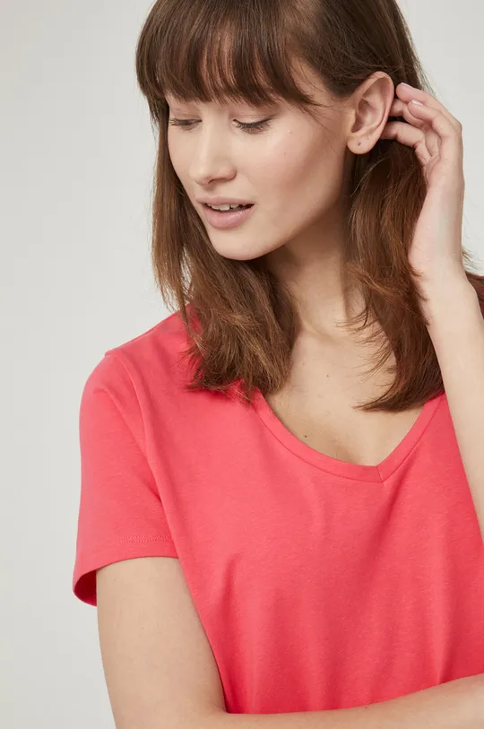 T-shirt bawełniany damski gładki z domieszką elastanu różowy Damski