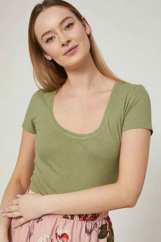 zielony T-shirt damski prążkowany zielony Damski