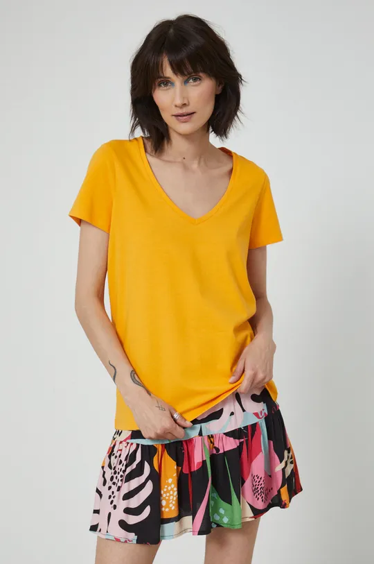 pomarańczowy T-shirt bawełniany damski gładki z domieszką elastanu pomarańczowy