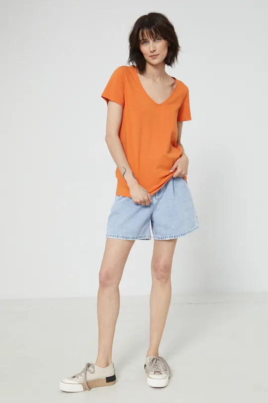 T-shirt bawełniany damski gładki z domieszką elastanu pomarańczowy pomarańczowy