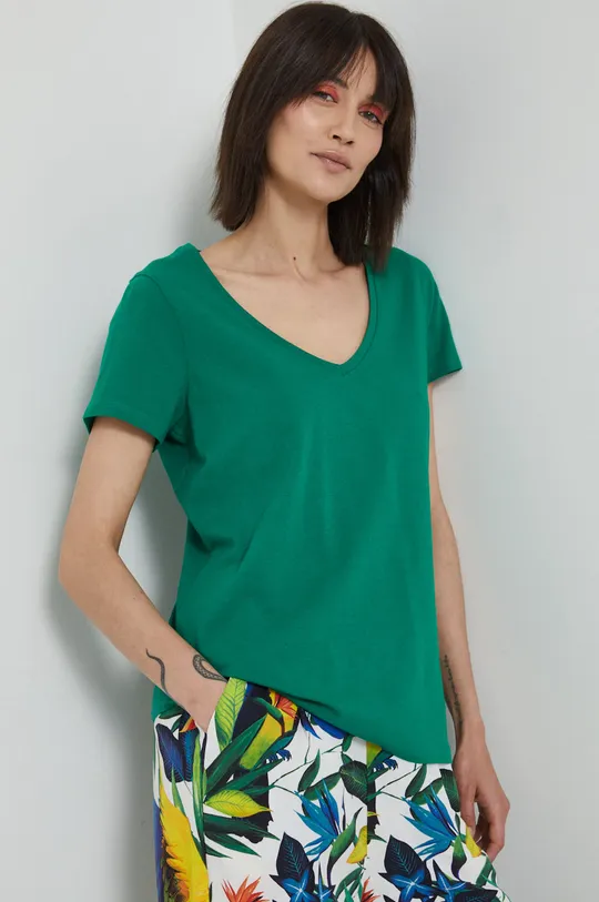 T-shirt bawełniany damski gładki z domieszką elastanu zielony zielony