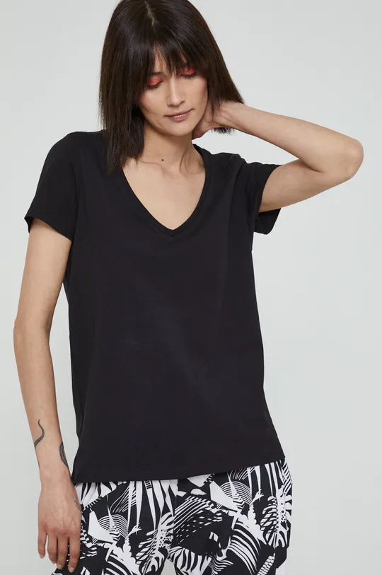 czarny T-shirt bawełniany damski gładki z domieszką elastanu czarny Damski