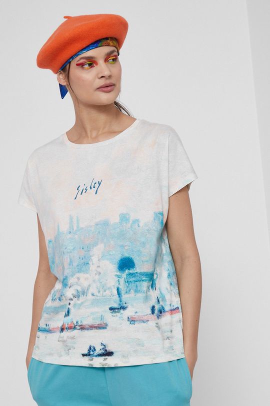 blady niebieski T-shirt bawełniany Eviva L'arte damski wzorzysty niebieski