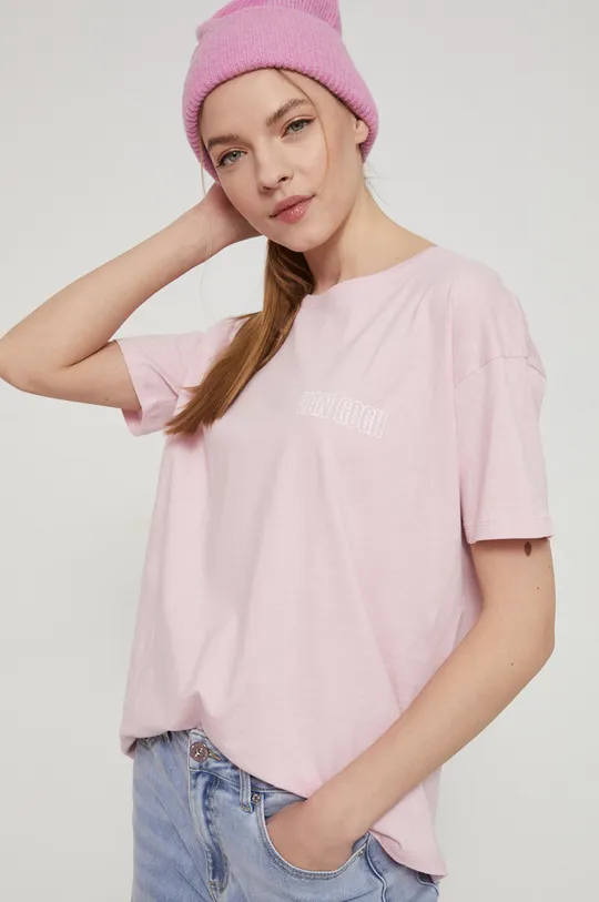 T-shirt bawełniany Eviva L'arte damski z nadrukiem różowy 100 % Bawełna