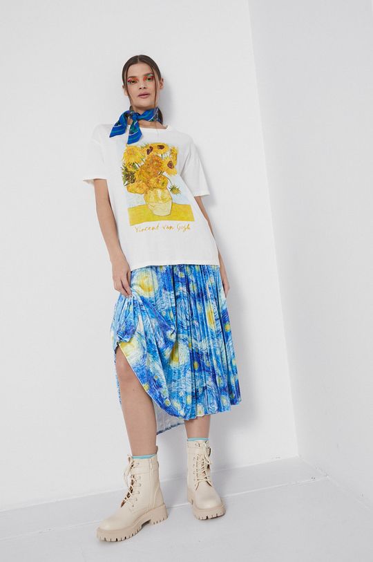 T-shirt bawełniany Eviva L'arte damski z nadrukiem beżowy kremowy