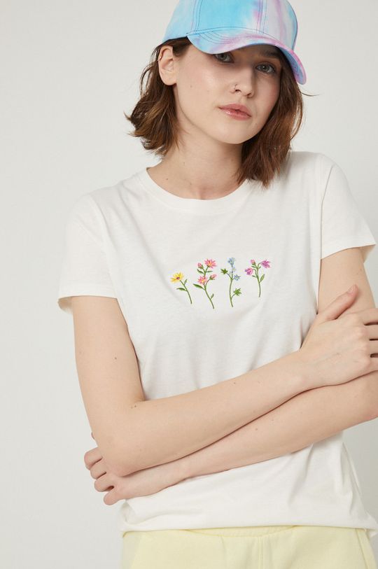 T-shirt bawełniany z ozdobnym haftem beżowy Damski