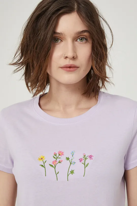 fioletowy T-shirt bawełniany z ozdobnym haftem fioletowy Damski