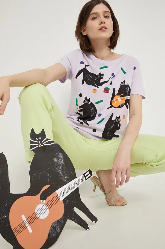 T-shirt bawełniany z nadrukiem damski by Jakub Zasada fioletowy fioletowy