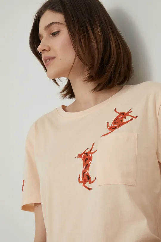 T-shirt bawełniany z nadrukiem damski by Jakub Zasada beżowy Damski