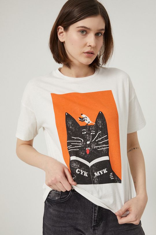 T-shirt bawełniany z nadrukiem damski by Jakub Zasada beżowy kremowy