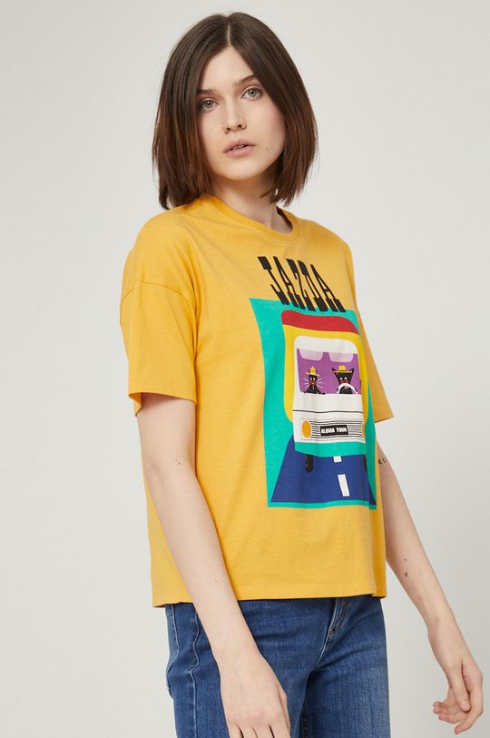 T-shirt bawełniany z nadrukiem damski by Jakub Zasada żółty jasny żółty