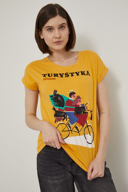 T-shirt bawełniany damski z nadrukiem by Jakub Zasada żółty jasny żółty