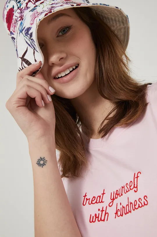 różowy T-shirt bawełniany damski z haftowanym napisem z domieszką elastanu różowy Damski