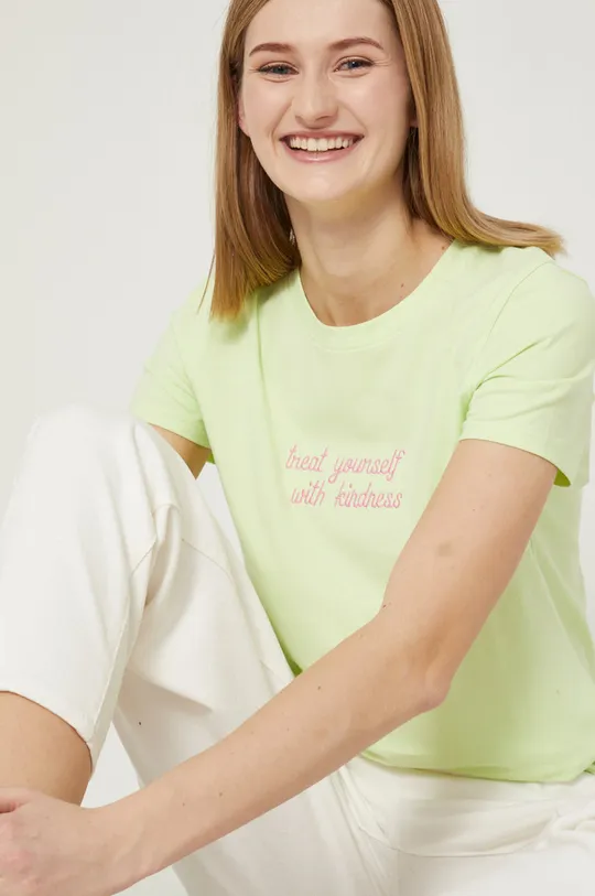 blady zielony T-shirt damski z haftowanym napisem zielony Damski