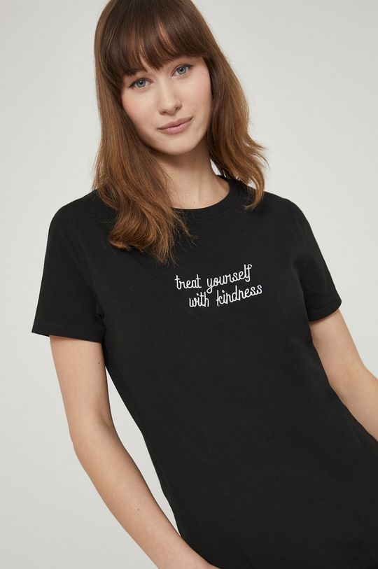 czarny T-shirt damski z haftowanym napisem czarny