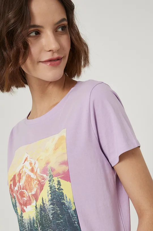 lawendowy T-shirt bawełniany damski z nadrukiem fioletowy