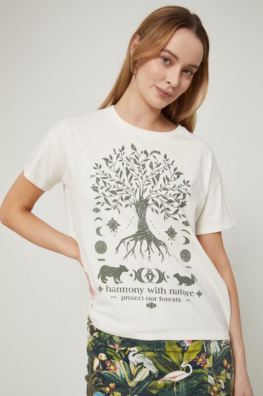 kremowy T-shirt z bawełny organicznej damski beżowy