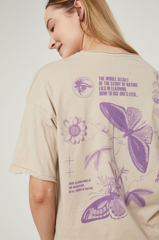 piaskowy T-shirt bawełniany z aplikacją damski beżowy Damski