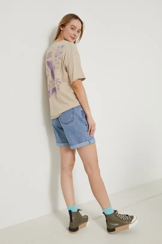 T-shirt bawełniany z aplikacją damski beżowy beżowy
