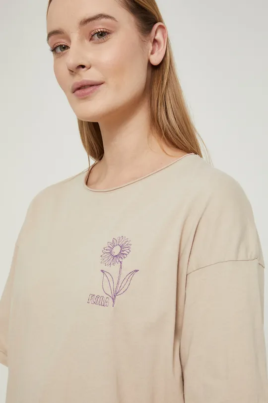 T-shirt bawełniany z aplikacją damski beżowy Damski