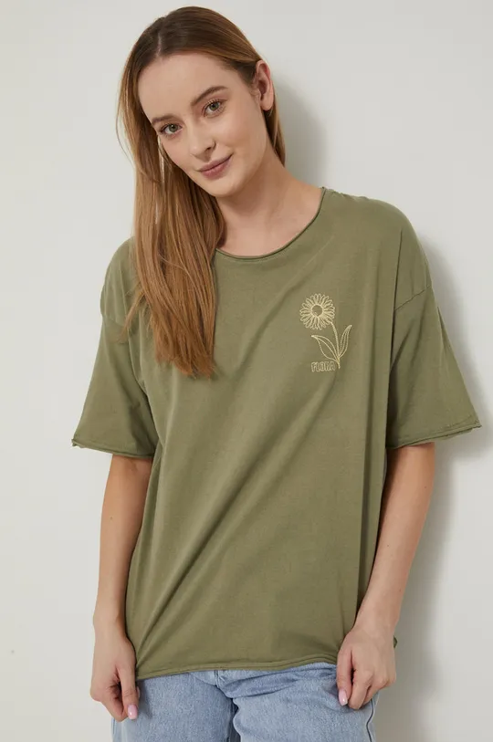 T-shirt bawełniany z aplikacją damski zielony 100 % Bawełna