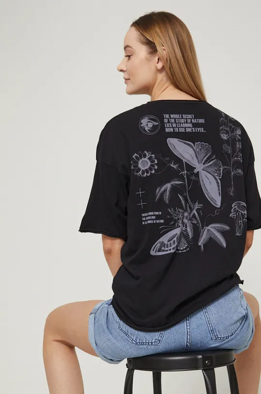 T-shirt bawełniany z aplikacją damski czarny czarny