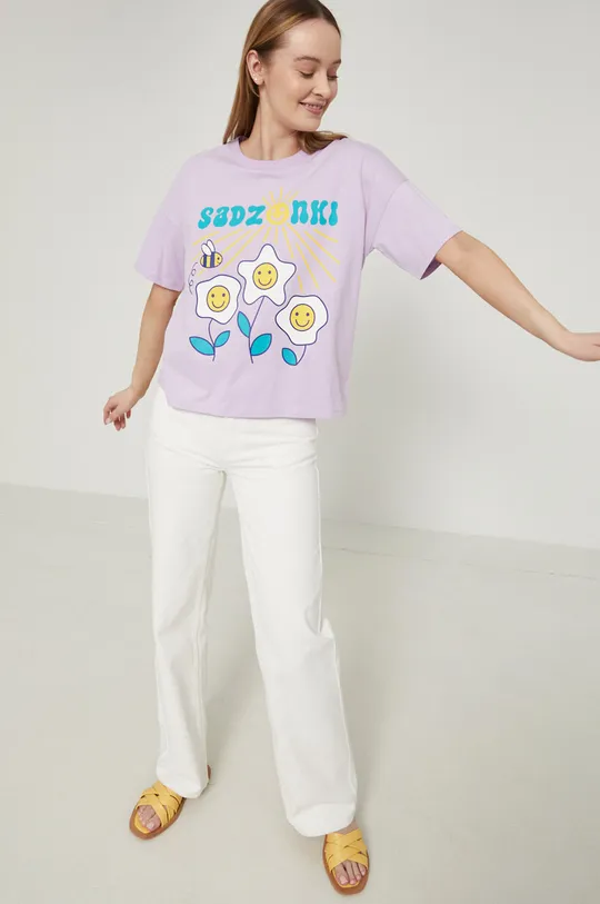 T-shirt bawełniany z dzianiny z nadrukiem fioletowy lawendowy
