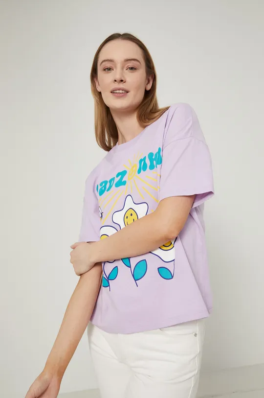 lawendowy T-shirt bawełniany z dzianiny z nadrukiem fioletowy