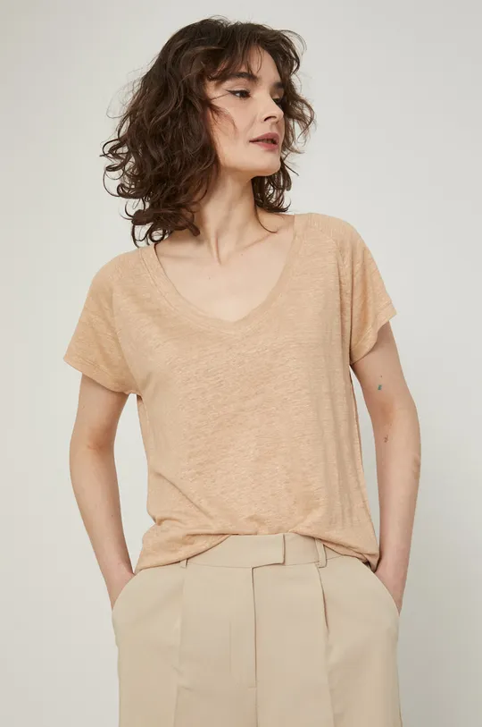 piaskowy T-shirt damski lniany beżowy Damski