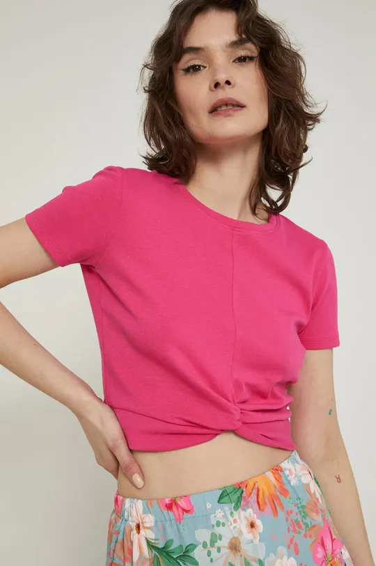 różowy T-shirt bawełniany damski gładki z domieszką elastanu różowy Damski
