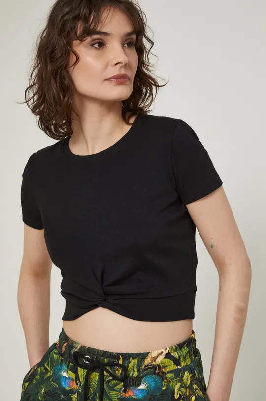 czarny T-shirt bawełniany damski gładki z domieszką elastanu czarny Damski