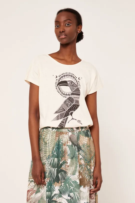 beżowy T-shirt bawełniany damski z nadrukiem beżowy Damski