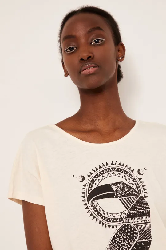 beżowy T-shirt bawełniany damski z nadrukiem beżowy