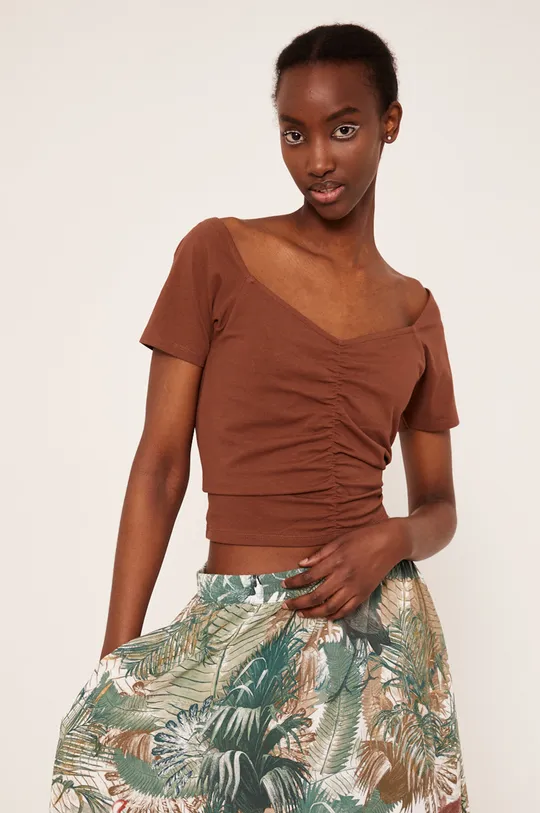 brązowy T-shirt bawełniany damski gładki z domieszką elastanu brązowy