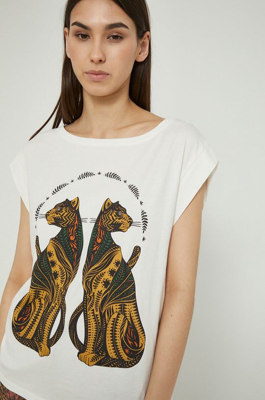 kremowy T-shirt bawełniany damski z nadrukiem beżowy Damski