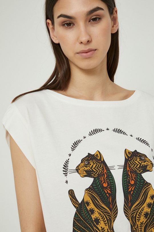 kremowy T-shirt bawełniany damski z nadrukiem beżowy