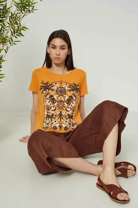 pomarańczowy T-shirt bawełniany damski z nadrukiem pomarańczowy Damski