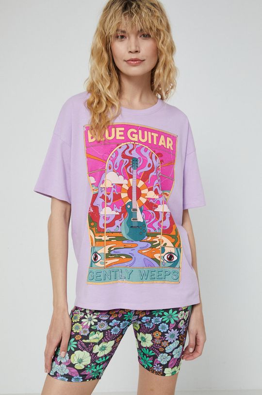 T-shirt bawełniany damski fioletowy lawendowy